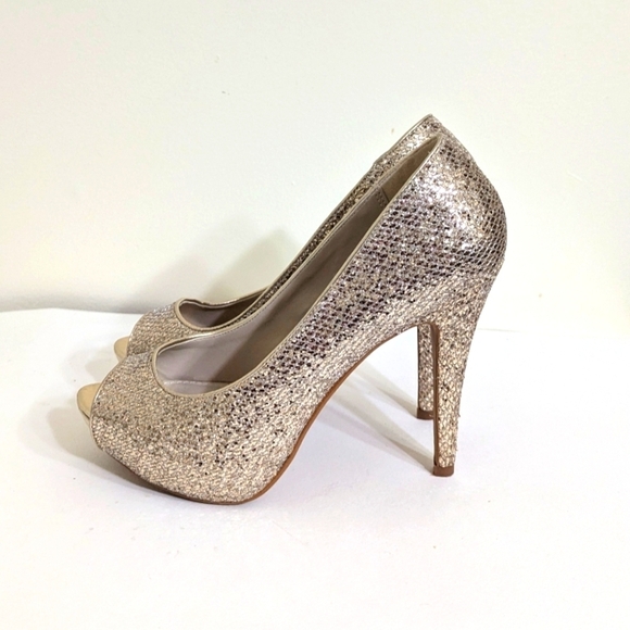 Aldo Nean Glitter Gold Peep Toe Platform Heels Pumps Size 8 - Picture 1 of 7